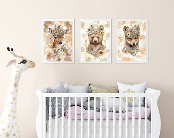 Set of 3 animal posters watercolor in boho style, bear, deer, wolf, animal wall art for the baby room, animal canvas children's room