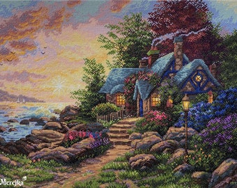 May include: A quaint cottage with a blue roof and white trim sits on a rocky cliff overlooking a calm ocean. The cottage has a stone chimney and a small porch with a white picket fence. The sky is a soft pink and orange, and there are a few birds flying in the distance.