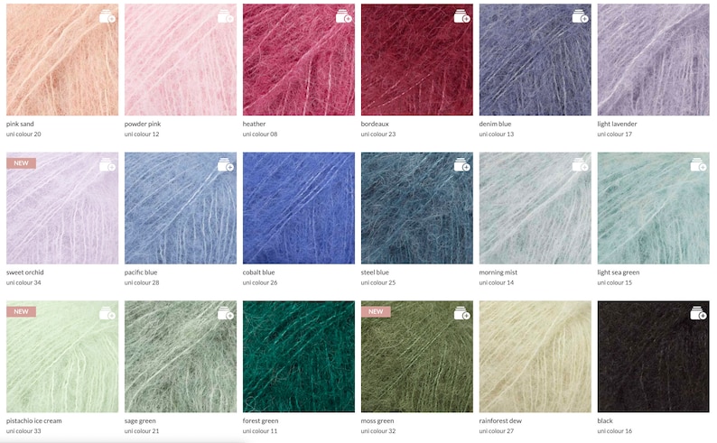 May include: A collection of yarn samples in various colors, including pink sand, powder pink, heather, bordeaux, denim blue, light lavender, sweet orchid, pacific blue, cobalt blue, steel blue, morning mist, light sea green, pistachio ice cream, sage green, forest green, moss green, rainforest dew, and black.