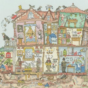 May include: Cross-stitch design of a multi-storey house with detailed rooms and characters. Text includes "Who Dunnit Hall" and "Red Herring". The image is colourful and detailed, with a whimsical style, reminiscent of a mystery.