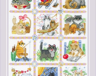 May include: A set of 12 cross-stitch patterns featuring cute cats in various activities throughout the year. The patterns include a cat with a Christmas tree, a cat sledding, a cat reading a book, a cat fishing, and more.