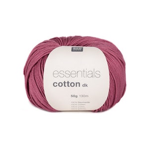May include: A ball of pink cotton yarn labelled "essentials cotton dk" with the Rico Design logo. The label also states "50g 130m" and "100% Baumwolle, 100% Cotton, 100% Coton, 100% Katoen, 100% Algodón".