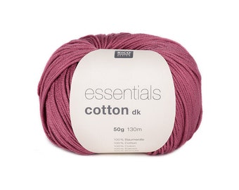 May include: A ball of pink cotton yarn labeled "essentials cotton dk" with the Rico Design logo. The label also states "50g 130m" and "100% Baumwolle, 100% Cotton, 100% Coton, 100% Katoen, 100% Algodón".