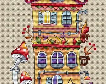 May include: A whimsical yellow and red house with a blue door and windows. The house is surrounded by mushrooms and plants. The house has a sign that says "The Mushroom House".