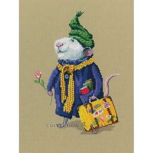 May include: Cross-stitch of a white mouse wearing a green hat, blue coat, and yellow scarf, holding a pink rose and books. A yellow suitcase with travel stickers sits at its feet. The word "COLLECTION" is at the bottom.