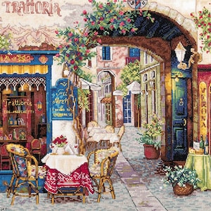 May include: A colourful illustration of a street scene in Italy with a cafe, a market, and an archway. The cafe has tables and chairs set up outside, and the market has a sign that says "Trattoria Tre Marchetti". The archway is decorated with flowers and vines.