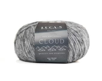 May include: A skein of gray alpaca yarn labeled "LUCA-S EST 1992 SOFT BABY ALPACA CLOUD QUALITY FOR EVERYONE Aran/Worsted 50g - 150m"
