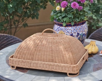 Large Rectangular Wicker Picnic Basket,Rattan Kitchen Dome Food Cover, Handwoven Storage Bread Box,Natural Wicker Dome Buffet Dome