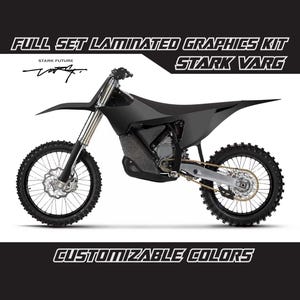 Könnte beinhalten: Ein schwarzes Stark Varg Elektro-Dirtbike mit einem kompletten laminierten Grafik-Kit. Das Bild enthält den Text "Full Set Laminated Graphics Kit" und "Customizable Colors". Das Motorrad hat schwarze Reifen und eine silberne und goldene Kette.