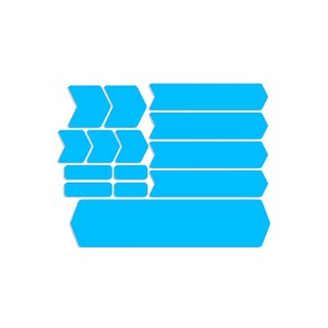 Pode incluir: Um conjunto de autocolantes em forma de seta azul claro em vários tamanhos e disposições. Os autocolantes estão dispostos num design em camadas, com algumas setas apontando para a direita e outras formando linhas horizontais. Os autocolantes têm um contorno branco.