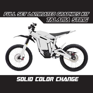 May include: Full set laminated graphics kit for a Talaria Sting electric dirt bike. The kit features a white base colour with black accents. The kit includes graphics for the front fender, rear fender, side panels, and swingarm.