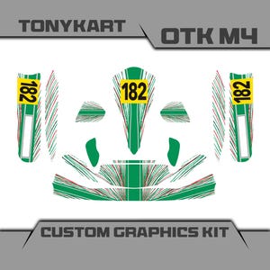 Può includere: Un kit grafico personalizzato per un Tonykart OTK M4. Il design presenta accenti verdi, rossi e bianchi con il numero 182 in riquadri gialli. Il testo "CUSTOM GRAPHICS KIT" è visualizzato in basso.