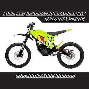 May include: Full set of laminated graphics for a Talaria Sting electric dirt bike. The graphics are in black, yellow, and red with the words "Talaria Sting" and "Killab" on the bike. The graphics are customizable.