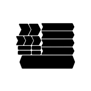 May include: A collection of black, geometric-shaped stickers with white outlines. The shapes include arrows, rectangles, and elongated parallelograms. The stickers are arranged in a layered pattern, suitable for various applications.