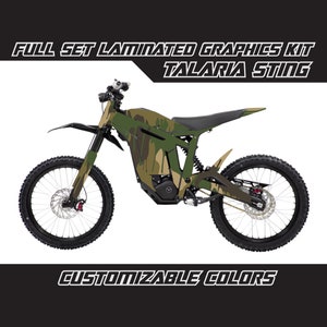 May include: Full set laminated graphics kit for a Talaria Sting electric motorcycle. The kit features a camouflage design with green, brown, and black colours. Customizable colours are available.