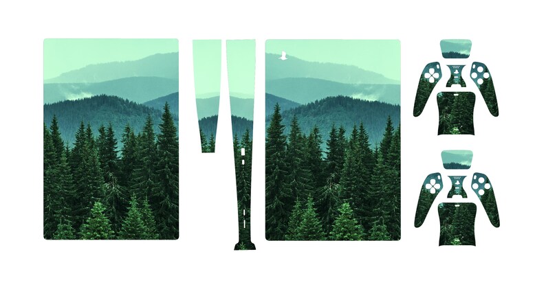 May include: A set of controller skins featuring a scenic mountain and forest design. The skins include pieces for the controller body, buttons, and touchpad, with a layered image of evergreen trees and distant mountains in shades of green and blue.