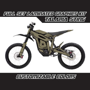 May include: A full set of laminated graphics for a Talaria Sting electric motorcycle. The graphics are in a camouflage pattern with black and white text. The graphics are customizable.