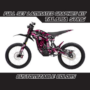 May include: Full set of laminated graphics kit for a Talaria Sting electric motorcycle. The graphics feature a black and pink colour scheme with a graffiti-style design. The graphics are customizable.
