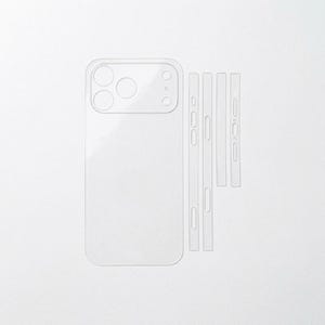 May include: Clear, transparent phone skin protector with cutouts for the camera, buttons, and ports. The protector is designed to fit a specific phone model, offering a sleek and unobtrusive layer of defense against scratches and minor impacts.