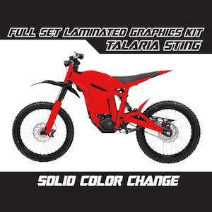 May include: Full set laminated graphics kit for a Talaria Sting electric dirt bike. The bike is red with black accents. The kit includes graphics for the front fender, side panels, swingarm, and rear fender.