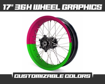 May include: 17 inch 36H wheel graphics with a pink and green color scheme. The wheel is a spoke wheel with a black hub. Customizable colors.