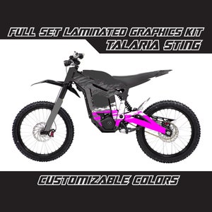 May include: Full set of laminated graphics for a Talaria Sting electric dirt bike. The graphics feature a black and white abstract design with pink accents. Customizable colours.
