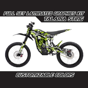May include: Full set of laminated graphics kit for a Talaria Sting electric dirt bike. The graphics feature a black and green colour scheme with a graffiti-style design. The graphics are customizable.