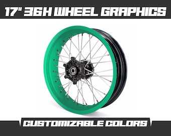 May include: 17 inch 36H wheel graphics with a green rim and black spokes. Customizable colors.