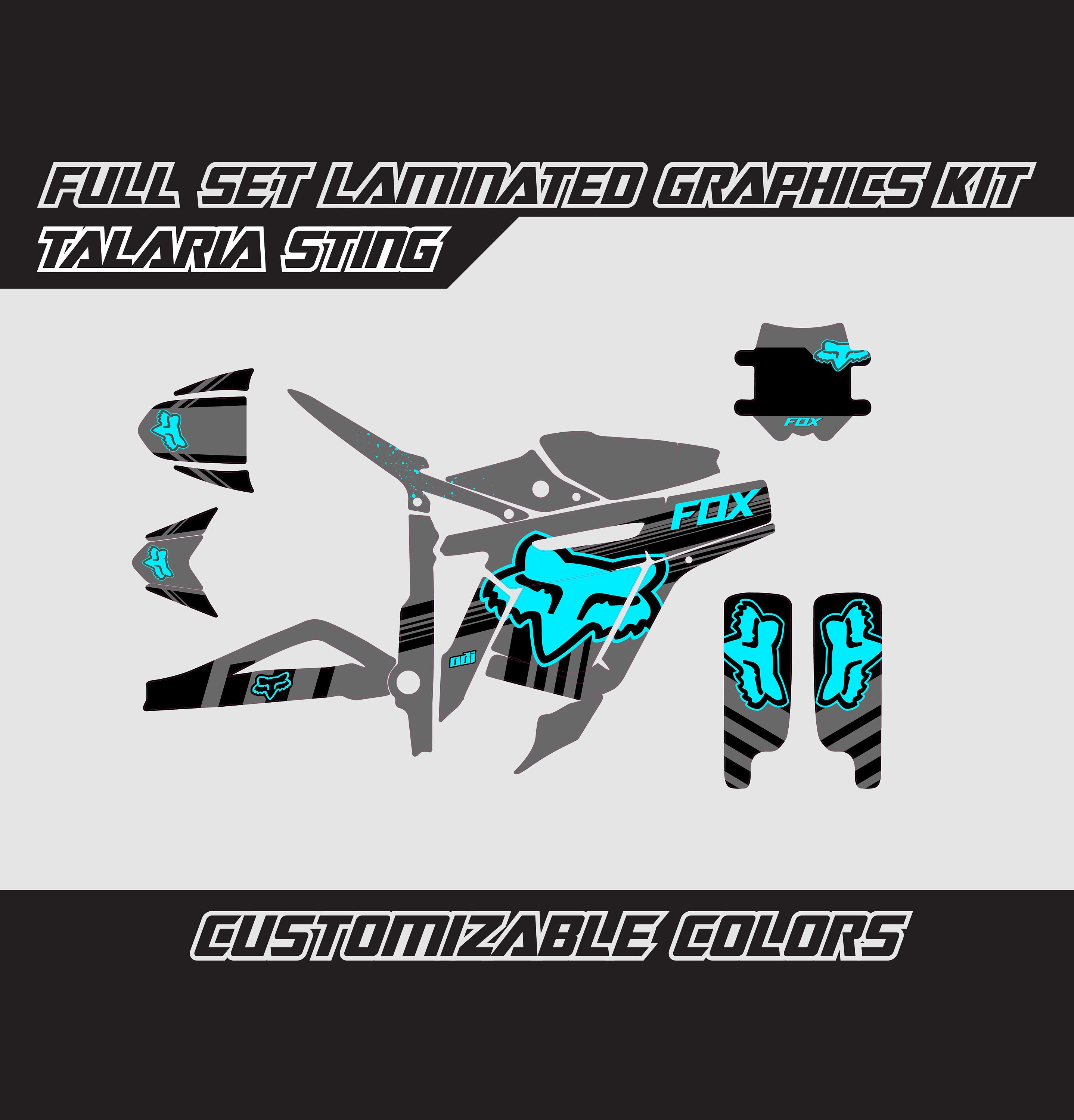 TALARIA STING Fox Grau Electric Blue Full Grafik Kit Glänzend oder Matt Laminiert Blasenfrei Dick