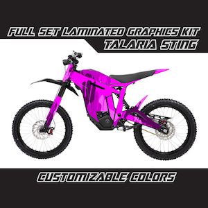 May include: Full set laminated graphics kit for a Talaria Sting electric dirt bike. The graphics feature a pink and black camouflage pattern. Customizable colours.
