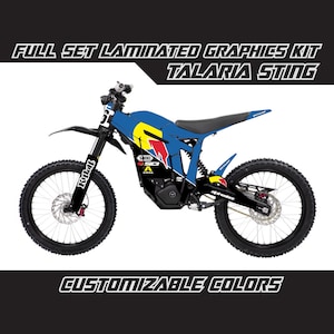 May include: Full set of laminated graphics for a Talaria Sting electric dirt bike. The graphics feature a blue, yellow and red colour scheme with the word "Sting" on the side. Customizable colours are available.