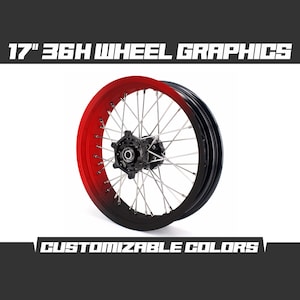 May include: A motorcycle wheel with a red to black gradient rim, 17-inch diameter, and silver spokes. The center hub is black. Text at the top reads "17" 36H WHEEL GRAPHICS" and at the bottom "CUSTOMIZABLE COLORS".