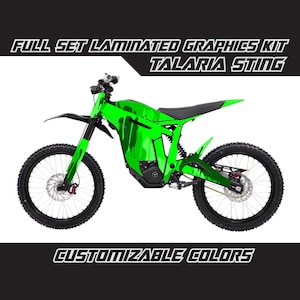 May include: Full set laminated graphics kit for a Talaria Sting electric dirt bike. The graphics feature a green and black camouflage pattern. Customizable colours.