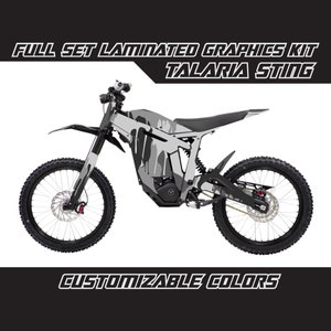 May include: Full set laminated graphics kit for a Talaria Sting electric dirt bike. The graphics feature a camouflage pattern in black and grey. Customizable colours are available.