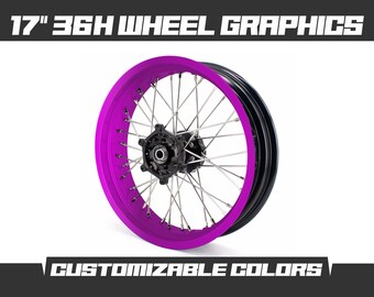 May include: A 17 inch, 36 spoke wheel with a purple rim and black spokes. The wheel is customizable with different colors. 17" 36H WHEEL GRAPHICS CUSTOMIZABLE COLORS