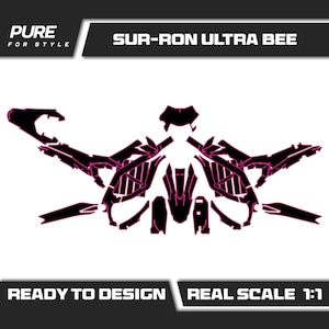 May include: Black and pink graphic design for a Sur-Ron Ultra Bee. The design includes the text "READY TO DESIGN" and "REAL SCALE 1:1". The logo "PURE FOR STYLE" is also visible.