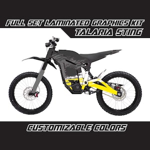 May include: Full set laminated graphics kit for a Talaria Sting electric dirt bike. The graphics feature a black, white, and yellow colour scheme with a custom design. Customizable colours are available.