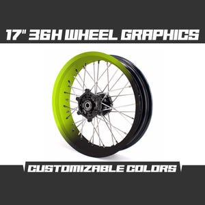 May include: A motorcycle wheel with a 17-inch diameter, featuring a gradient of lime green to black. The wheel has silver spokes and a black hub. Text at the top reads "17" 36H Wheel Graphics" and at the bottom "Customizable Colors."