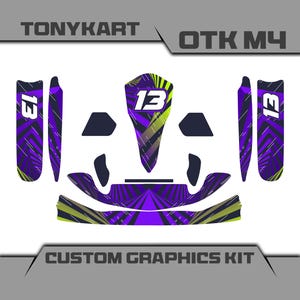 Op de afbeelding: Een aangepaste grafische kit voor een Tonykart OTK M4. Het ontwerp heeft een levendig paars en limoengroen patroon met het nummer 13 in wit. De kit bevat verschillende onderdelen voor de carrosserie van de kart, met de tekst "CUSTOM GRAPHICS KIT" onderaan.