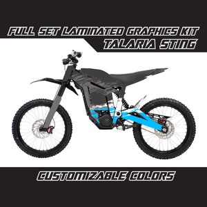 May include: Full set laminated graphics kit for a Talaria Sting electric dirt bike. The graphics feature a black and white design with blue accents. Customizable colours.