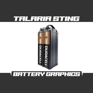 May include: A black battery pack with two Duracell AA batteries inside. The battery pack has a handle and the text "TALARIA STING" and "BATTERY GRAPHICS" on it.
