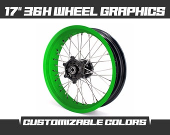 May include: A motorcycle wheel with a green rim and black tire. The wheel has silver spokes and a black hub. Text at the top reads "17" 36H WHEEL GRAPHICS" and at the bottom "CUSTOMIZABLE COLORS".