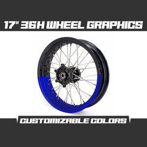 May include: 17" 36H wheel graphics with a black rim and blue spokes. Customizable colors.