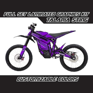 May include: A purple and black electric dirt bike with the words "Full Set Laminated Graphics Kit Talaria Sting" and "Customizable Colors" on the image. The bike has a black seat and black wheels with purple accents.