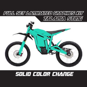 May include: Full set laminated graphics kit for a Talaria Sting electric dirt bike. The kit features a turquoise colour scheme with black accents.