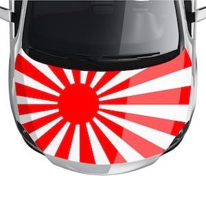 May include: Overhead view of a silver car hood with a graphic design. The design features a large red sun in the center, with red rays emanating outwards against a white background. The car's windshield and side mirrors are visible.