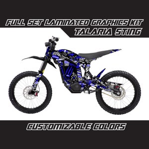 May include: A blue and black electric dirt bike with a custom graphic design featuring the words "Talaria Sting" and "Rock Shop".
