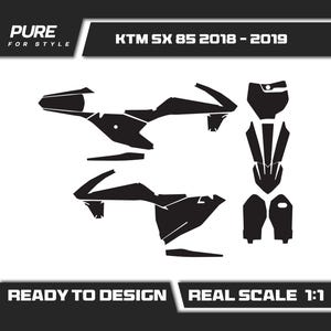 May include: A black graphic decal kit for a KTM SX 85 2018-2019 motorcycle. The set includes various shaped adhesive pieces for body panels. Text on the image reads PURE FOR STYLE, KTM SX 85 2018-2019, READY TO DESIGN, and REAL SCALE 1:1.