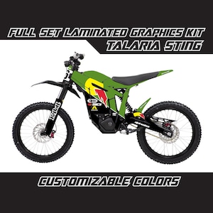 May include: Full set of laminated graphics for a Talaria Sting electric motorcycle. The graphics feature a green, yellow and red colour scheme with the word "Sting" and the number "108" on the side. The graphics are customizable.