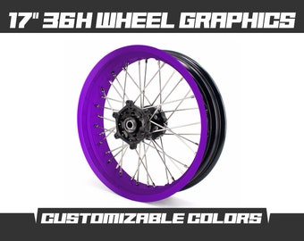 May include: Purple 17 inch 36H wheel graphics for motorcycles. The wheel has a black rim and silver spokes.  The graphics are customizable.